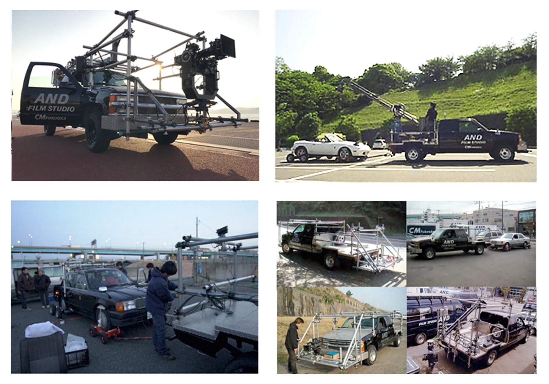 AND FILM STUDIO のカメラカーの使用例（カメラリグ搭載・車両牽引・張り出しプラットフォーム）